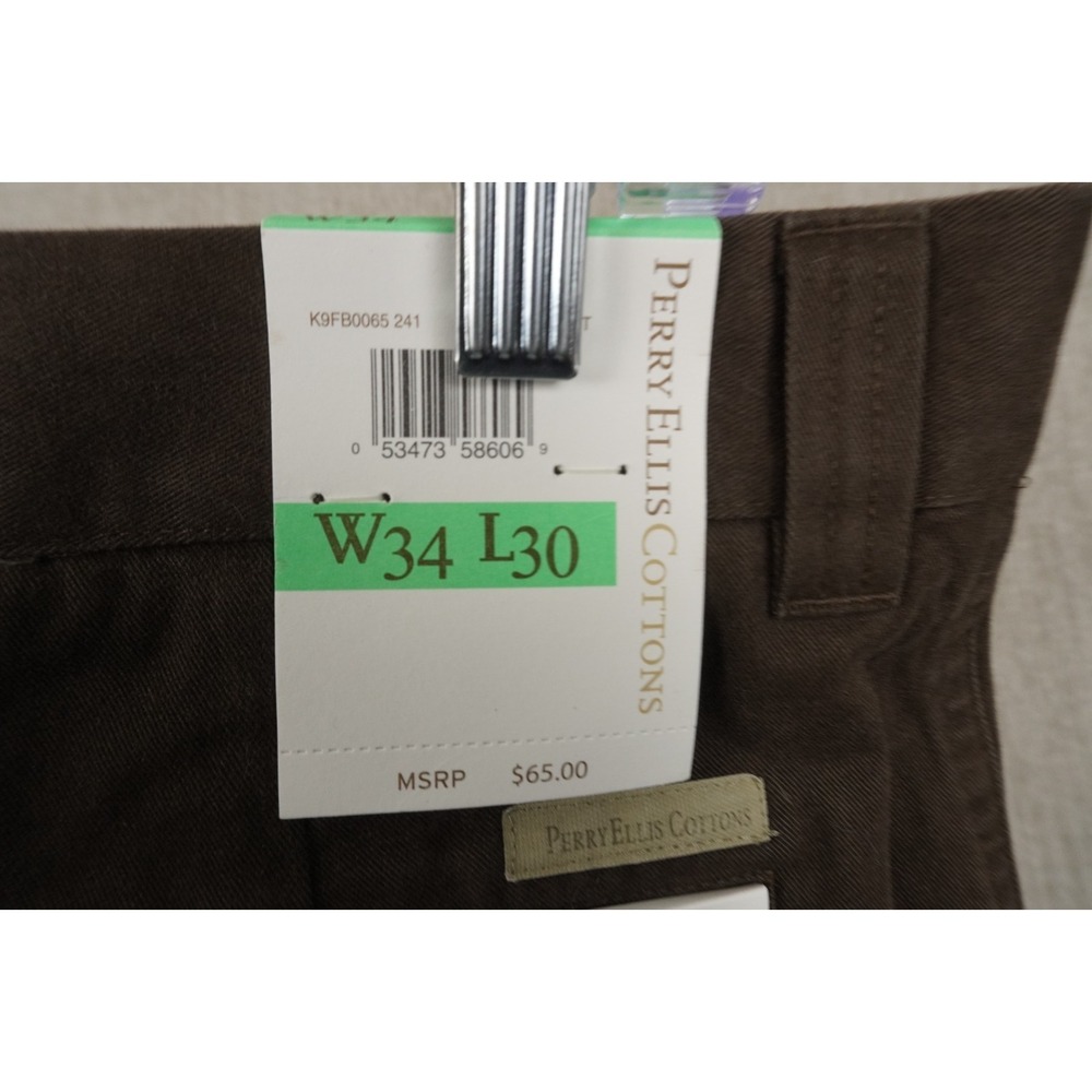 Perry Ellis Silky Twill Flat Front Dress Pants Brown Relaxed Fit 34x30 NWT - Picture 3 of 10